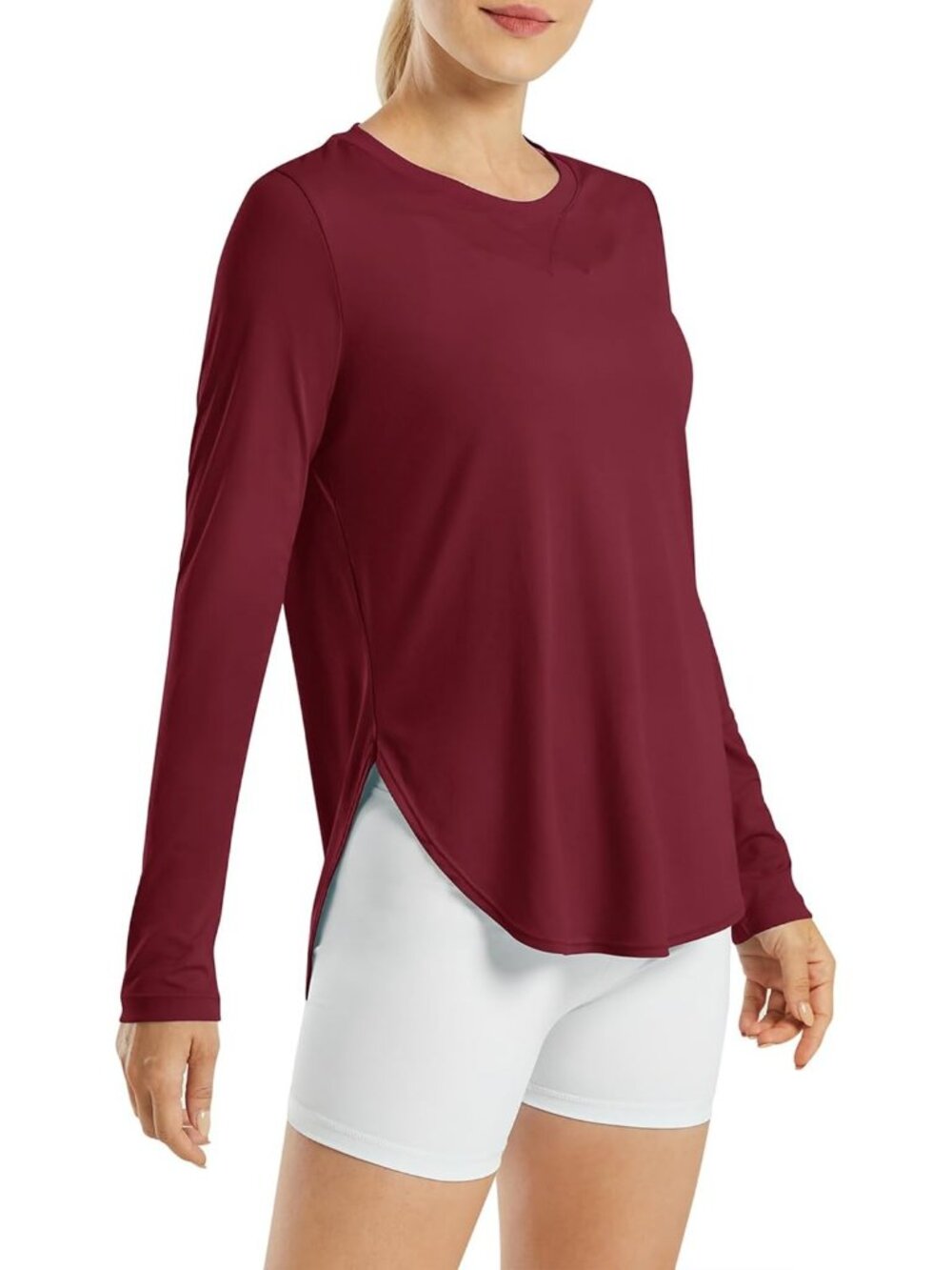 Women's Wine Red 50+ UV Long Sleeve Shirt Workout Outdoor Gym Hiking Casual Tops